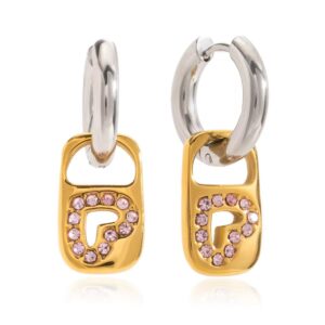 Dual Tone Pink Heart Lock Earrings