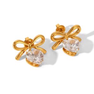 Crystal Bow Heart Solitaire Huggies