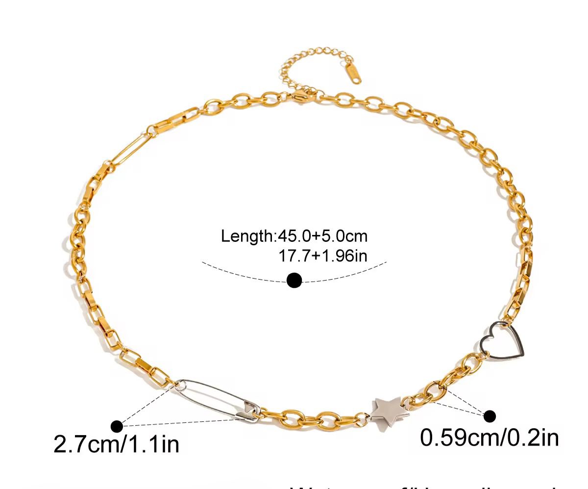 Dual Tone Safety Pin Star Heart necklace - Image 3