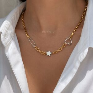 Dual Tone Safety Pin Star Heart necklace