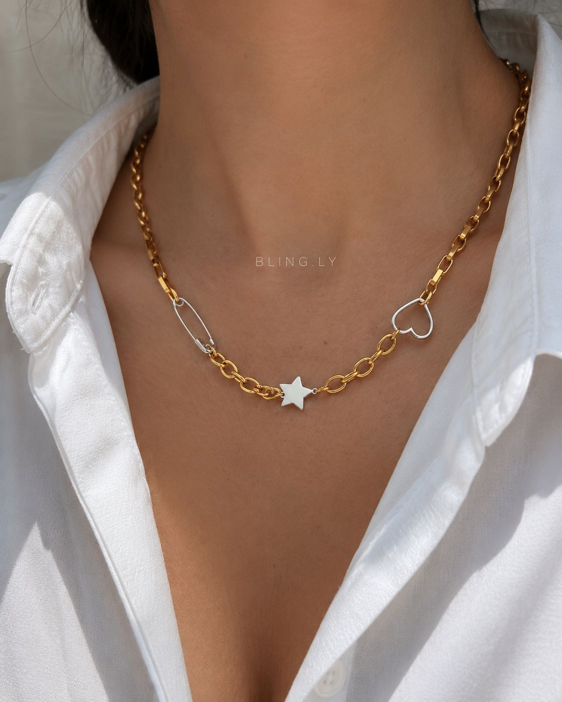Dual Tone Safety Pin Star Heart necklace
