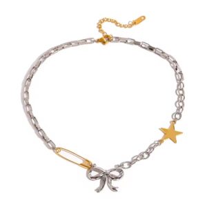 Dual Tone Safety Pin Bow Star Chain